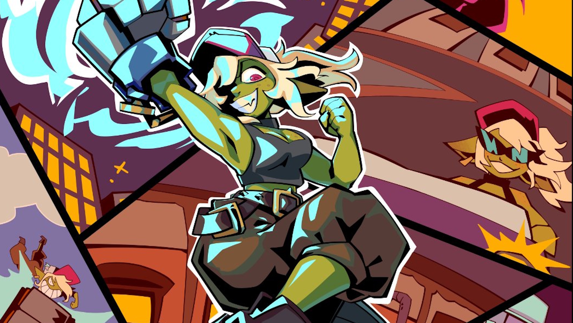 GearGrit art of green skinned goblin girl Tansy punching the air
