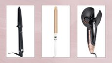 A selection of the best curling wands for thick hair, including the ghd Creative Curl Wand, Beauty Works Professional Styler and BaByliss Wave Secret Air Hair Waver/in a pastel purple template