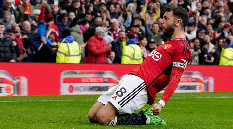 Bruno Fernandes celebrates after scoring for Manchester United against Liverpool in April 2024.