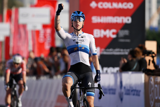 DUBAI, UNITED ARAB EMIRATES - FEBRUARY 06: Lorena Wiebes of Netherlands and Team SD Worx - Protime celebrates at finish line as stage winner during the 3rd UAE Tour Women, Stage 1 a 149km stage from Dubai Police Officer's Club to Dubai Harbour / #UCIWWT / on February 06, 2025 in Dubai, United Arab Emirates. (Photo by Tim de Waele/Getty Images)