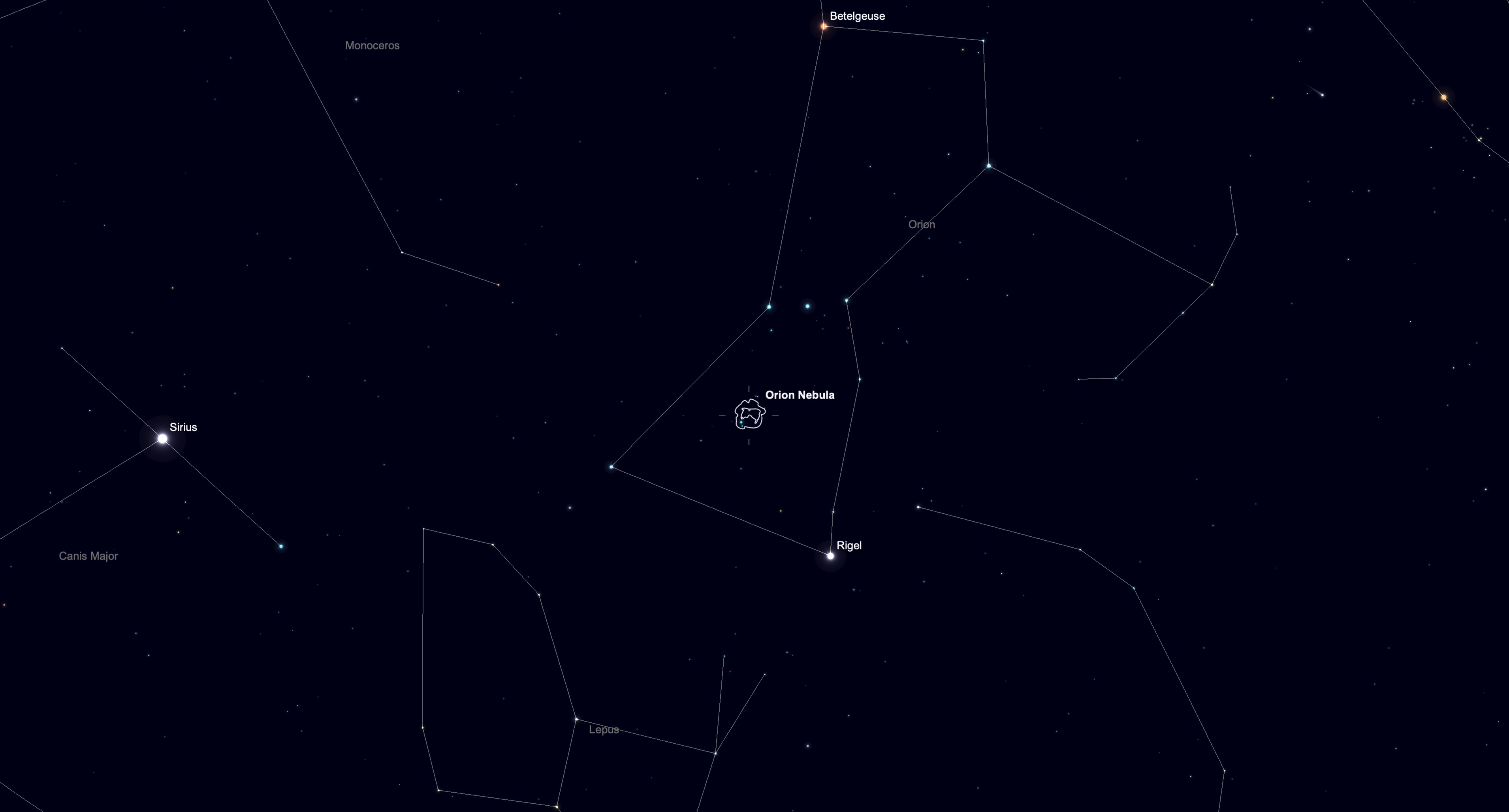 A starmap of the night sky showing the location of the Orion Nebula below the three bright stars of Orion's Belt. The stars of major constellations are connected by white lines, and Sirius is labelled off to the left of the image.