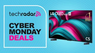 The LG C5 on a light blue background with the words 'TechRadar Cyber Monday deals' in black and pink.