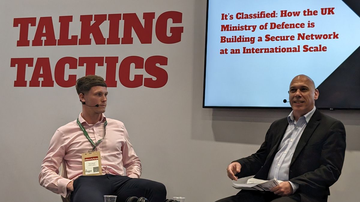 Harry Gazzard, a solutions architect working for the MoD on its digital transformation project, speaking at a panel at Infosecurity Europe 2024.