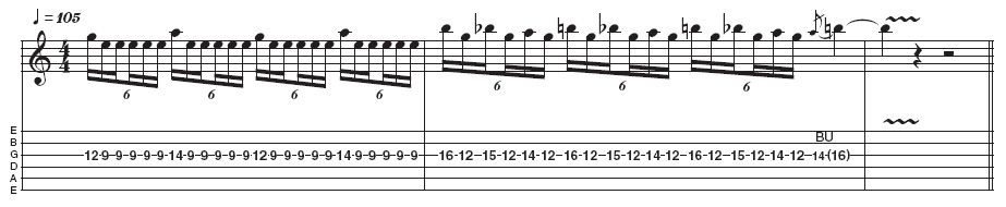 Example 5: Pivot-note lick. This example demonstrates the machine gun-effect of fast picking one pivotal note (E on the ninth fret, third string) that is interspersed with hammer-ons. The start of the solo in the latter part of Welcome Home (Sanitarium) is one example of this. Start slow with this one, and then build up to speed.