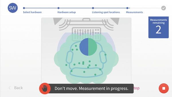 The room measurement process captures readings from 24 points around the listening position