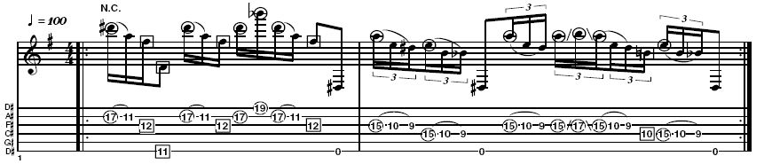 Example 4: This last example features two-hand tapping. The second note in the third beat uses the picking hand's third finger to tap in with the second (the first holds the pick). This may be awkward at first if you usually use just one tapping finger. As ever, take care that each note is clean and no other strings are accidentally sounded. There's also a sliding picking hand tap in beat three of the second bar.