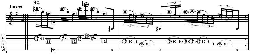 Example 4: This last example features two-hand tapping. The second note in the third beat uses the picking hand's third finger to tap in with the second (the first holds the pick). This may be awkward at first if you usually use just one tapping finger. As ever, take care that each note is clean and no other strings are accidentally sounded. There's also a sliding picking hand tap in beat three of the second bar.