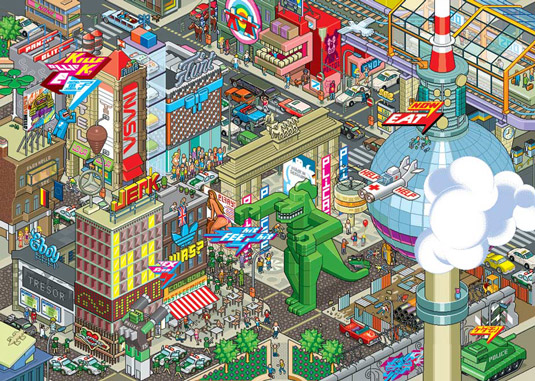 Pixel art: downtown area being menaced by a dinosaur