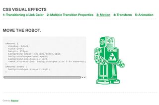 Transition can also be applied to an element’s position or even background-position. We’re going to move a robot from left to right using :hover to trigger our transitions (it’s the easiest way to show a difference in state)