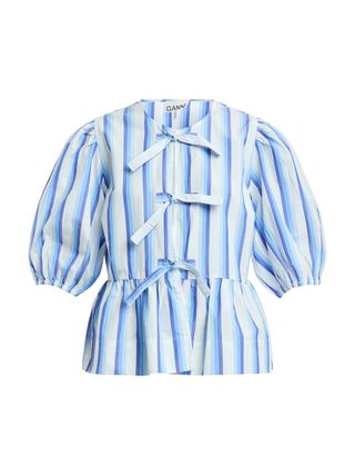 Blue Striped Cotton Poplin Peplum Tie Blouse