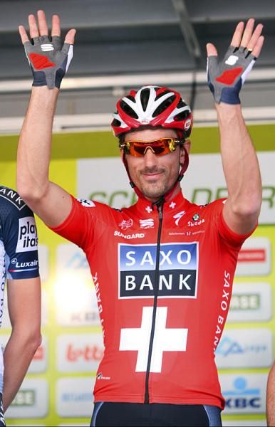 Swiss champion Fabian Cancellara is introduced before the start.