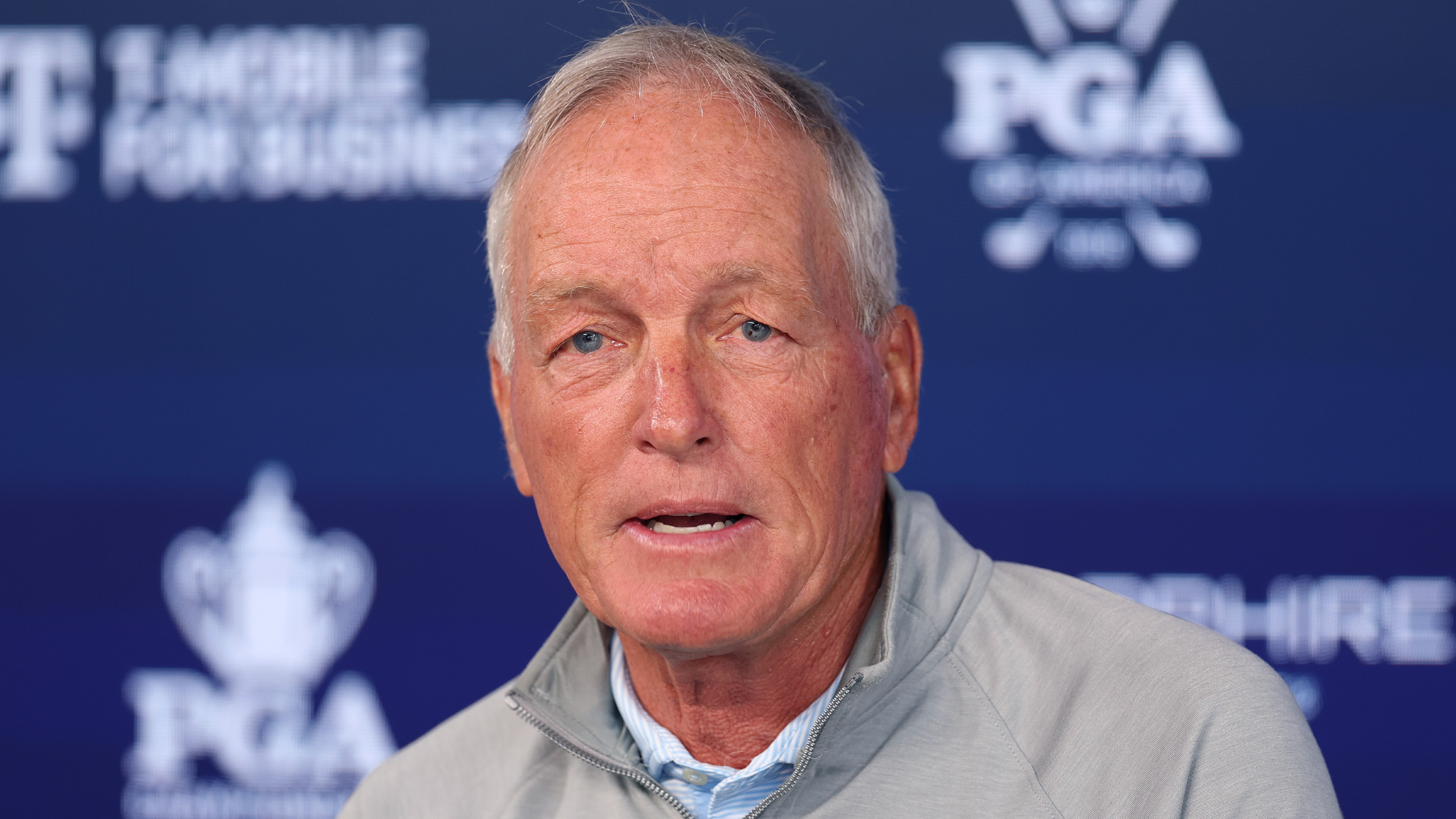 Kerry Haigh talks during a press conference for the PGA Championship