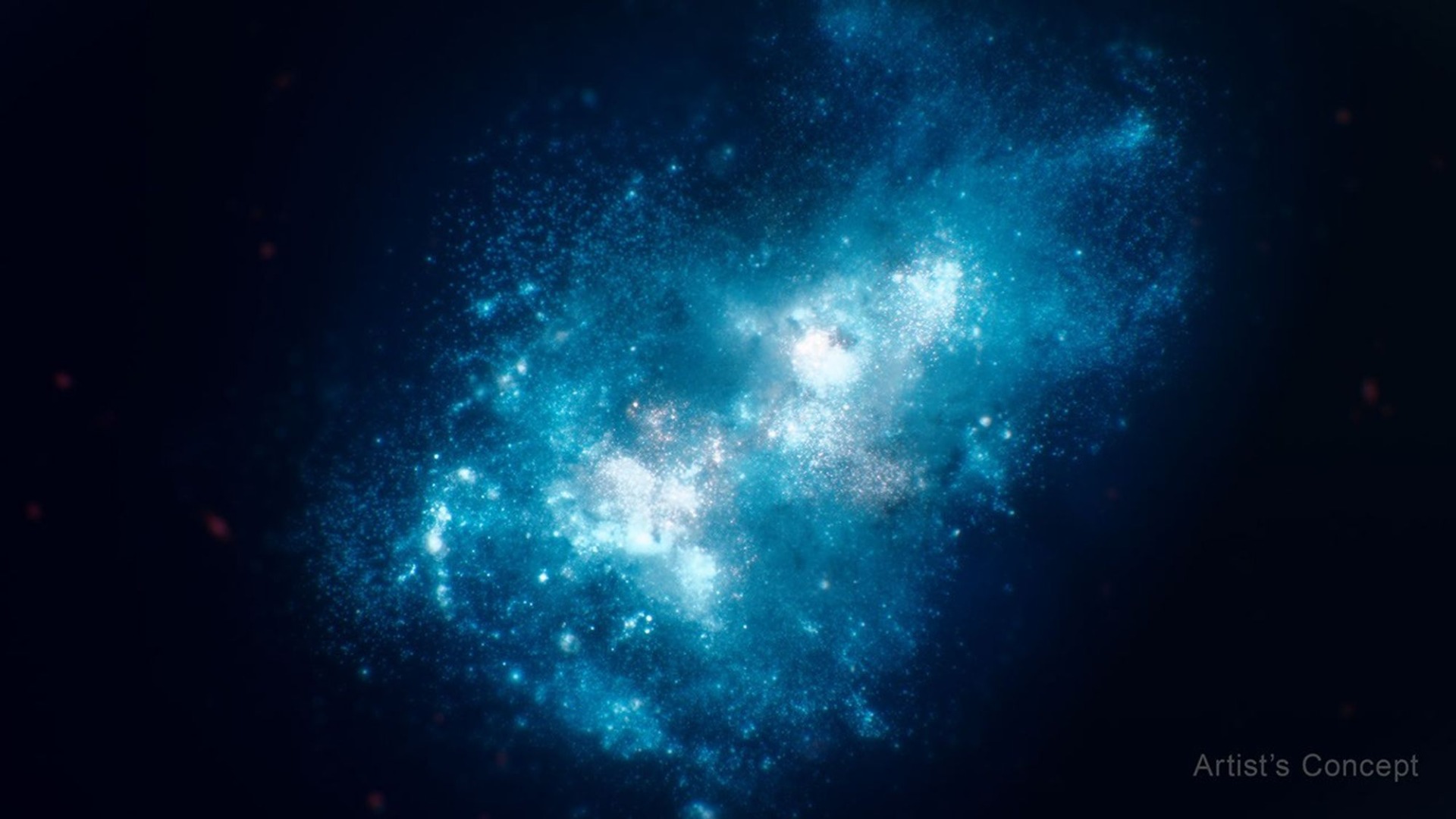 A blue and white glowing, hazy blob against a dark background.