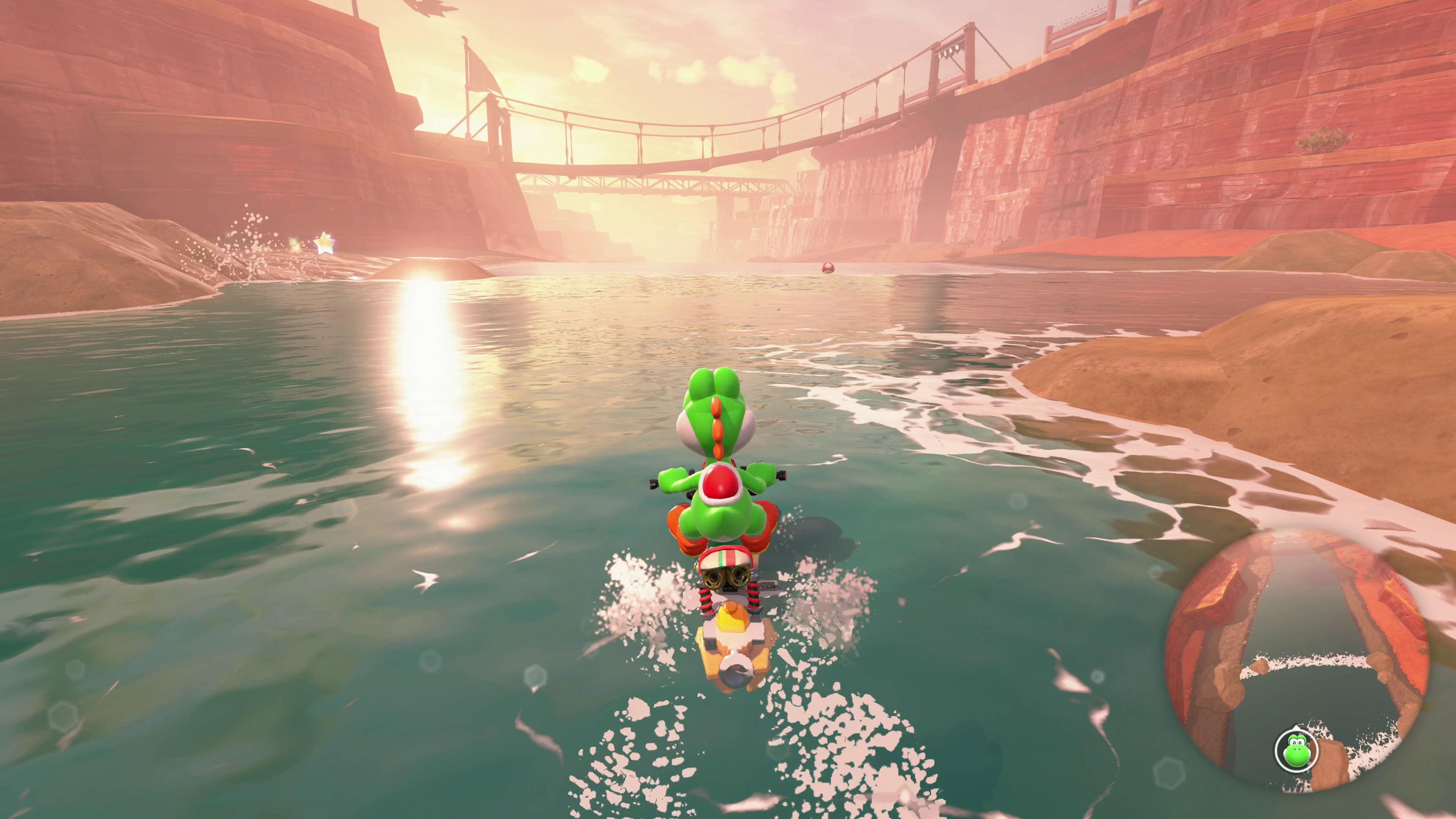Yoshi character riding through Mario Kart World open world scene, with water effects and low lighting