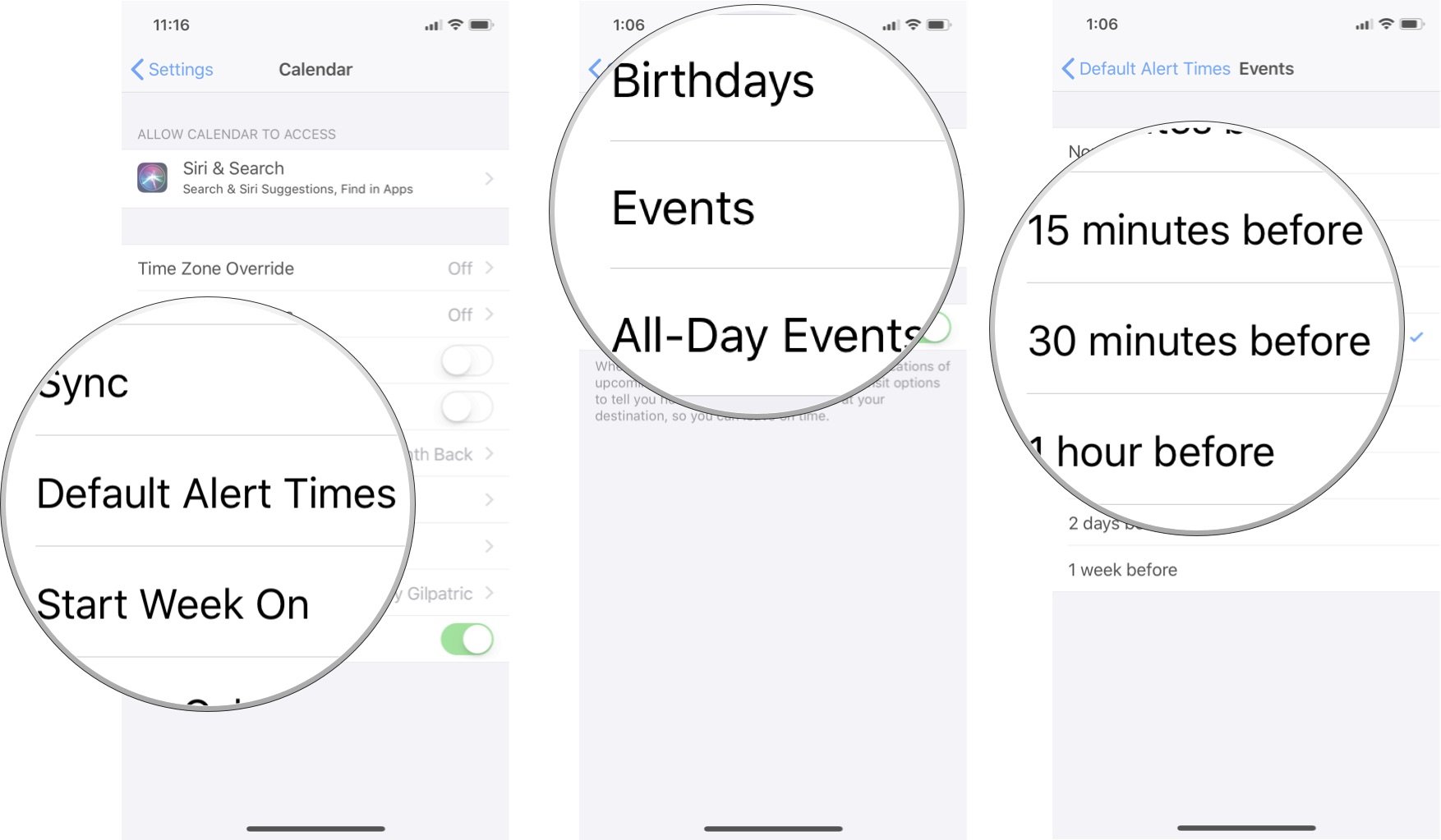 Tap Default Time Alerts, then tap a type of alert, then pick a time