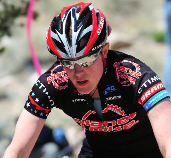 Katie Compton (Planet Bike) crossing the line for third place.