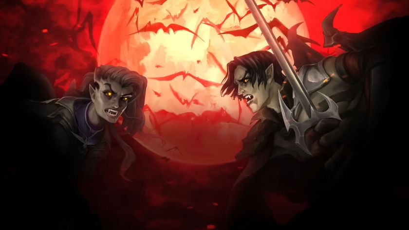 Two vampires prepare to duel beneath a blood red sky