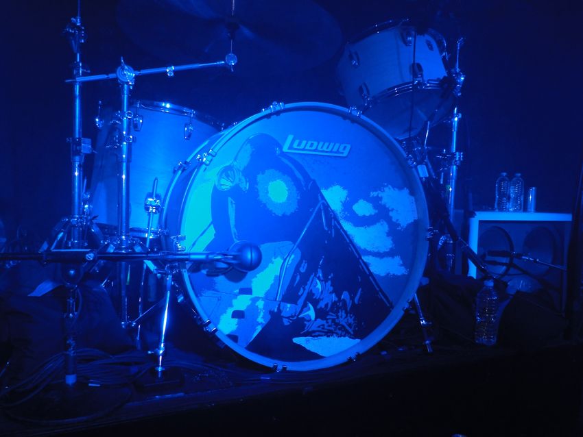Alex Van Halen's Ludwig drum kit, with a graphic of the new VH album cover
