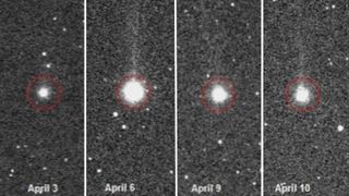 Side by side images showing the comet brighten and then dim between April 3 and April 10