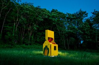 View of Chapel for an Apple by Serban Ionescu - a yellow, red and green illuminated piece pictured outside on grass with multiple trees behind in the evening