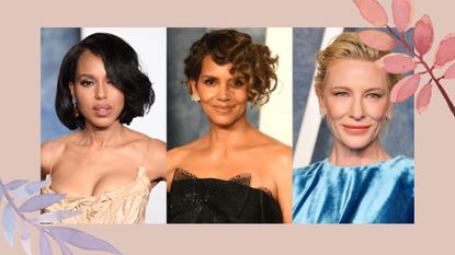 Collage of three mother of the bride makeup looks on Kerry Washington, Halle Berry and Cate Blanchett