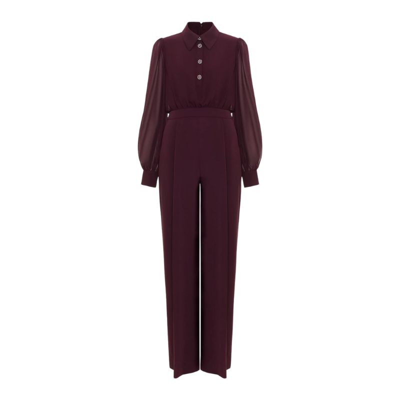 A cutout of a burgundy Phase Eight jumpsuit
