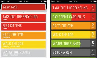 Two interface designs comparing how the look and feel of Goals gradually began to morph into Clear. Before the colour palette was simplified to flow naturally from red to yellow in order of priority, users could control what colours were assigned to different tasks and monitor multi-day tasks using a progress bar