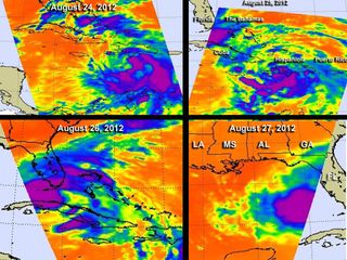 The AIRS instrument onboard NASA's Aqua satellite has been monitoring Tropical Storm Isaac for several days. Shown here are AIRS data from Aug. 24 and 25 (top left and right) and Aug. 26 and 27 (bottom left and right). AIRS has been providing infrared data about cloud temperatures, and sea surface temperatures around the storm.