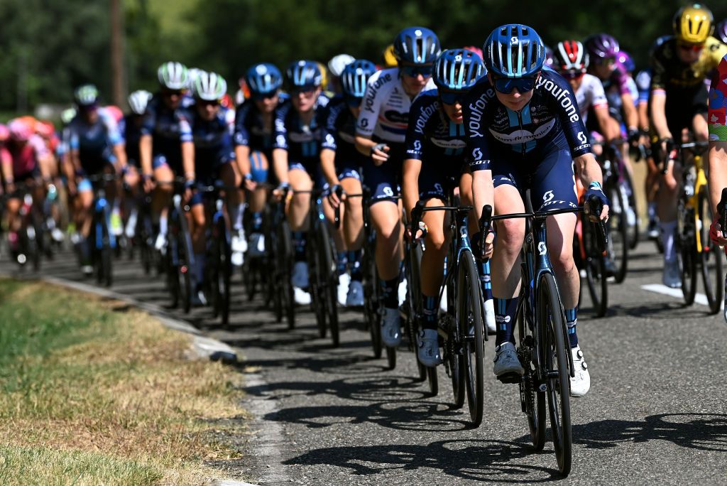 BLAGNAC FRANCE JULY 28 Esme Peperkamp of The Netherlands and Team dsmfirmenich leads the peloton during the 2nd Tour de France Femmes 2023 Stage 6 a 1221km stage from Albi to Blagnac UCIWWT on July 28 2023 in Blagnac France Photo by Tim de WaeleGetty Images