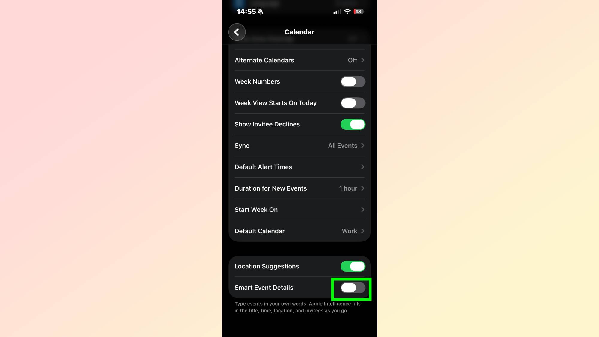 iOS 27 Smart Event Details toggled off on iPhone