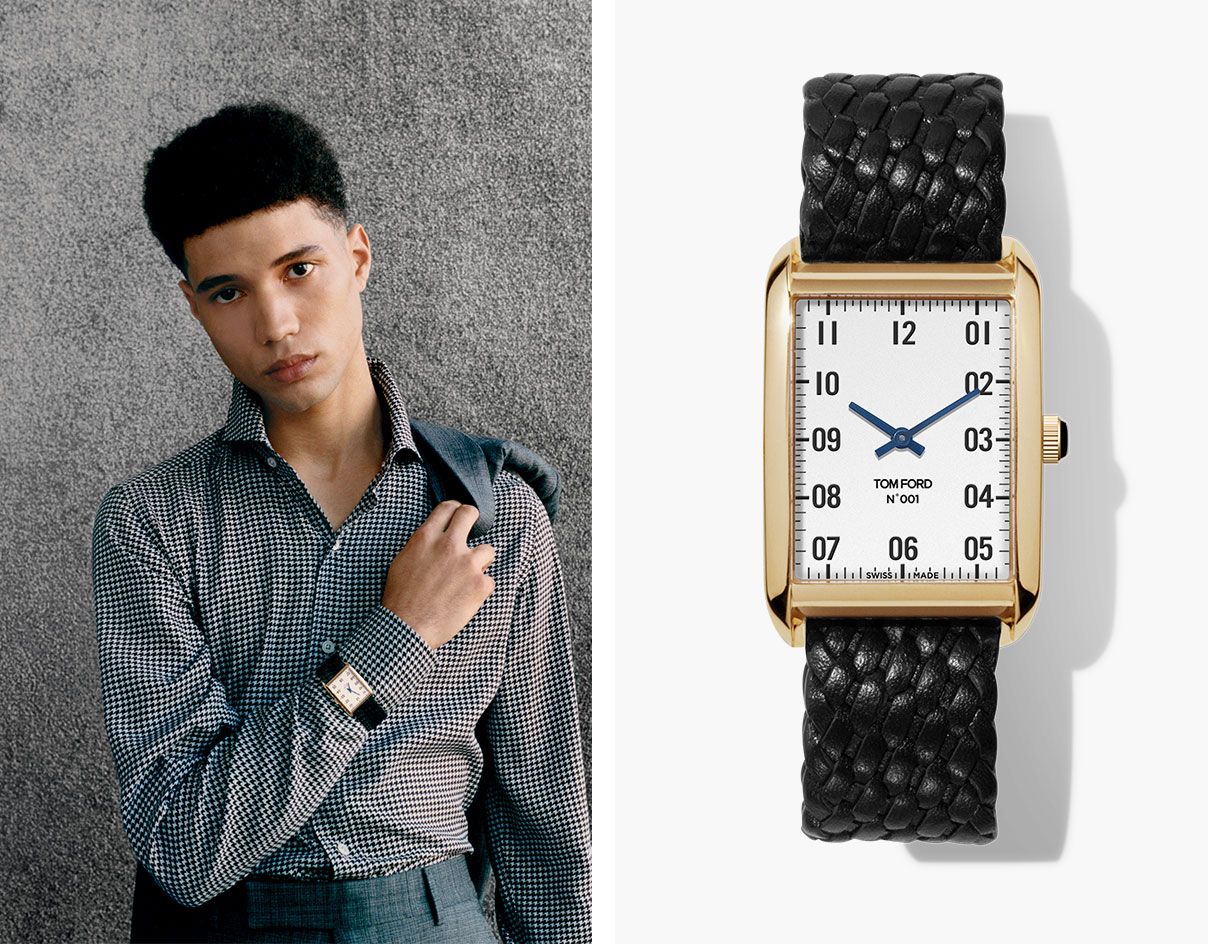 Model wearing Tom Ford and the 001 watch