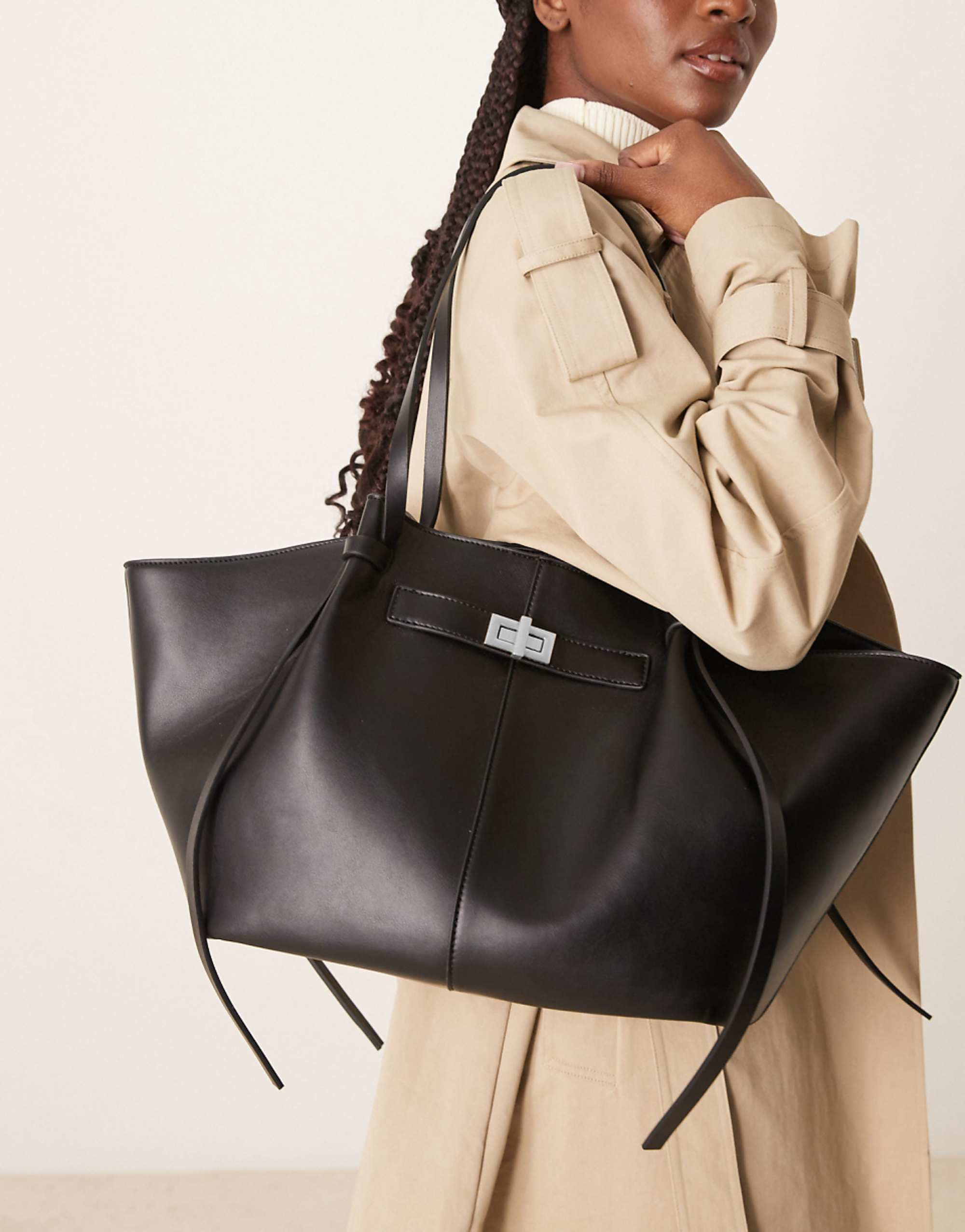 Gina Tricot Faux Leather Medium Tote Bag With Strap and Clutch With Silver Detail in Black