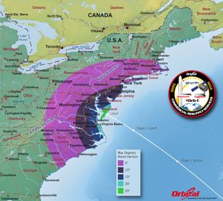 This map shows the maximum elevation (degrees above the horizon) that Antares will reach depending on the standpoint of viewers along the East Coast.