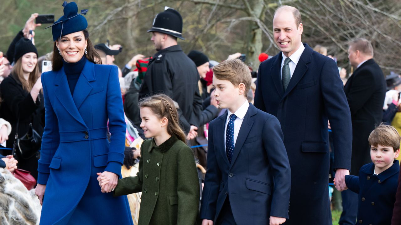 Kate Middleton, Princess Charlotte, Prince George, Prince William and Prince Louis wearing coats and walking to church for Christmas service