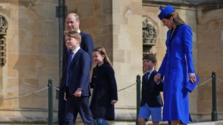 Prince George of Wales, Prince William, Prince of Wales, Princess Charlotte of Wales, Prince Louis of Wales and Catharine, Princess of Wales attend the Easter Mattins Service at Windsor Castle on April 9, 2023 in Windsor, England