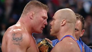 Brock Lesnar and Kurt Angle at WrestleMania 19