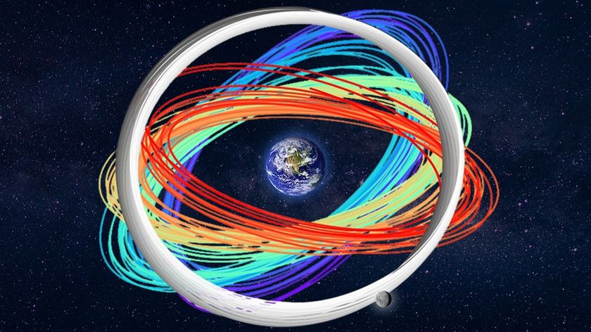 An illustration showing Earth with different colored loops around it.