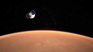 NASA's InSight Mars lander closes in on the Red Planet in this artist's illustration. The spacecraft will land on Mars on Nov. 26, 2018.