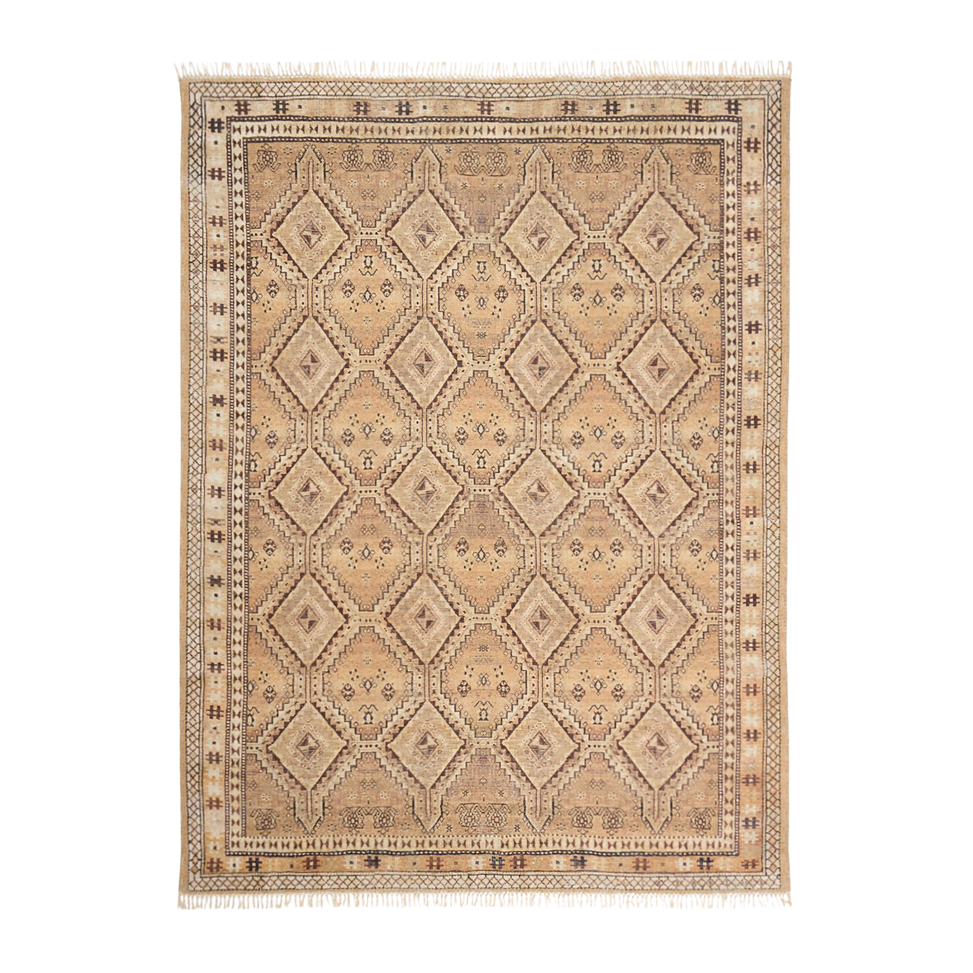 a light tan Persian rug with repetitive diamond motifs