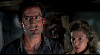 bruce campbell with blood on his face in the evil dead