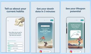 Screenshots showing the Death Clock AI app on a light blue background