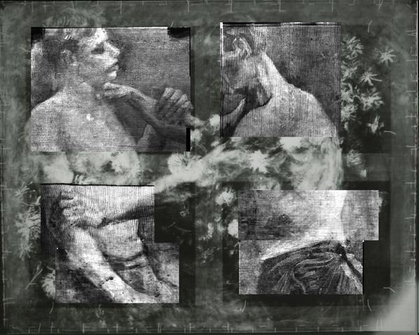 Two wrestlers shown under the image of the vase of flowers. 