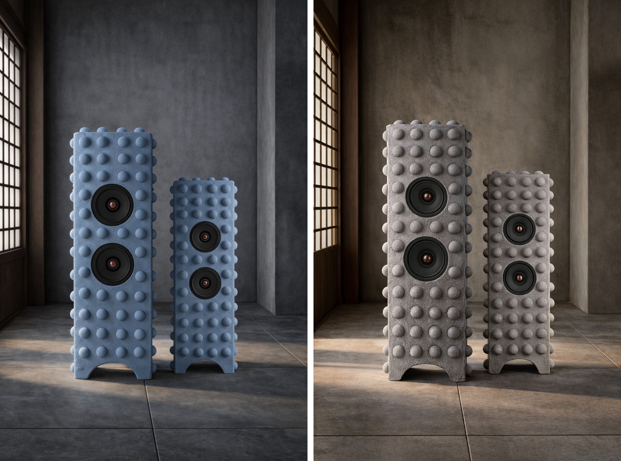 The Callisto speakers in Dust Blue and Silica
