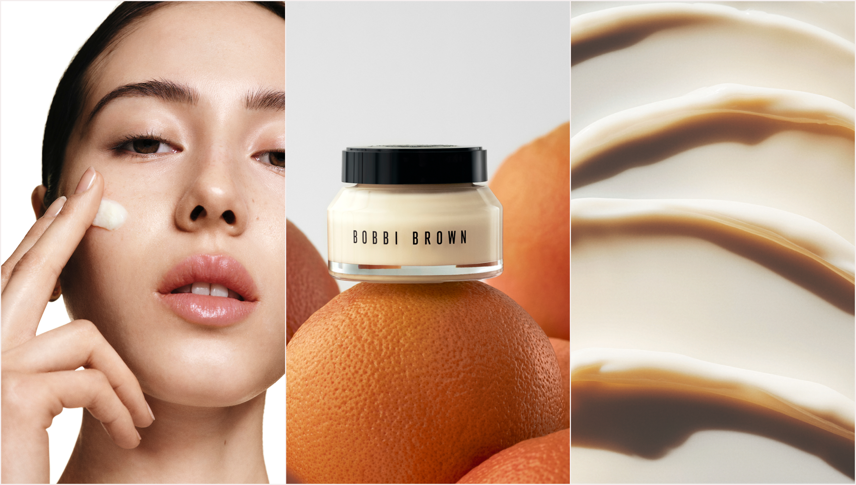 a girl with brown hair close up applying a swatch of cream to her face next to a bobbi brown face base tub on top of oranges next to a moisturizer texture