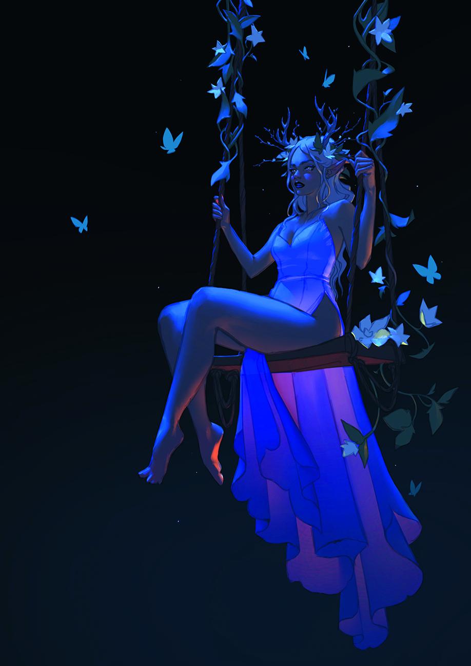 Digital art showing a fairy on a swing