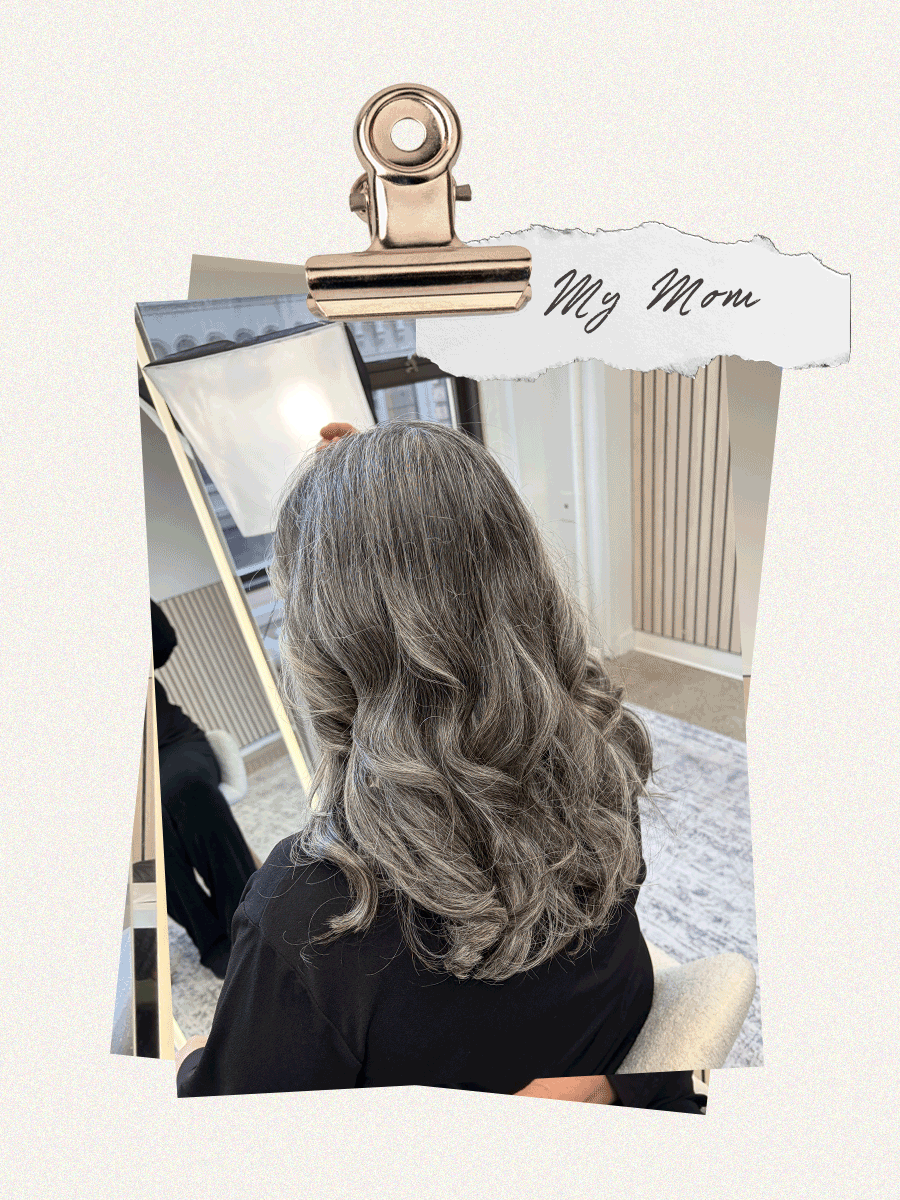 A collage of a woman with gray hair in a color-analysis session.