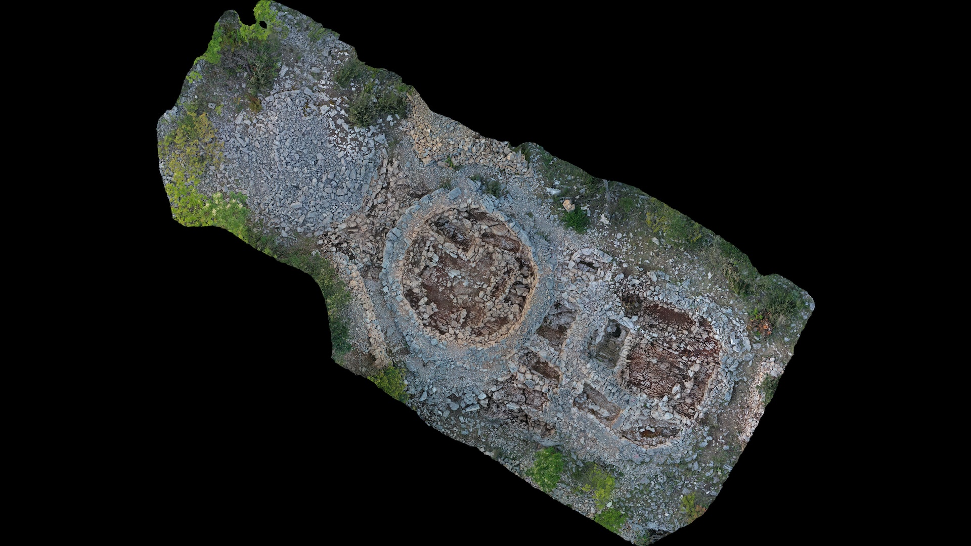 3D model of burial mound. We see a rectangular image with three circular mounds, two of which are excavated.