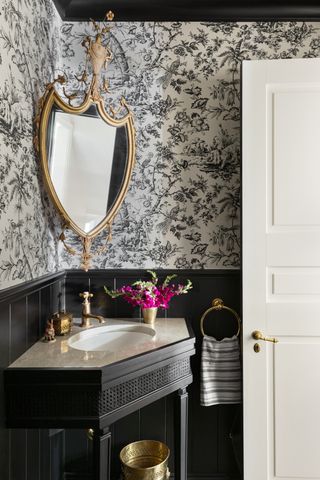 A power room with a corner vanity, dark woodwork, and a black and white botanical wallpaper