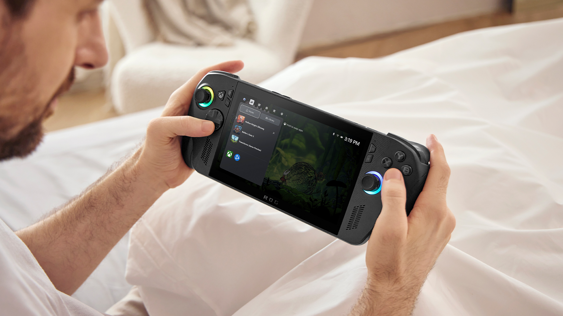 Photo showing the ROG Xbox Ally X handheld console being played