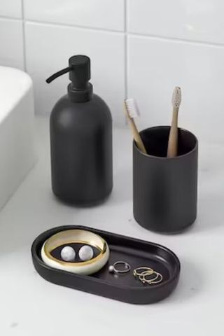 Ikea three piece toothbrush holder, soap dispenser and dish set in matte black